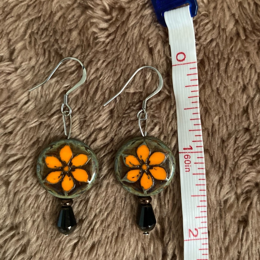 Handmade Czech Orange Flower Glass Drop Earrings - Picture 4 of 5